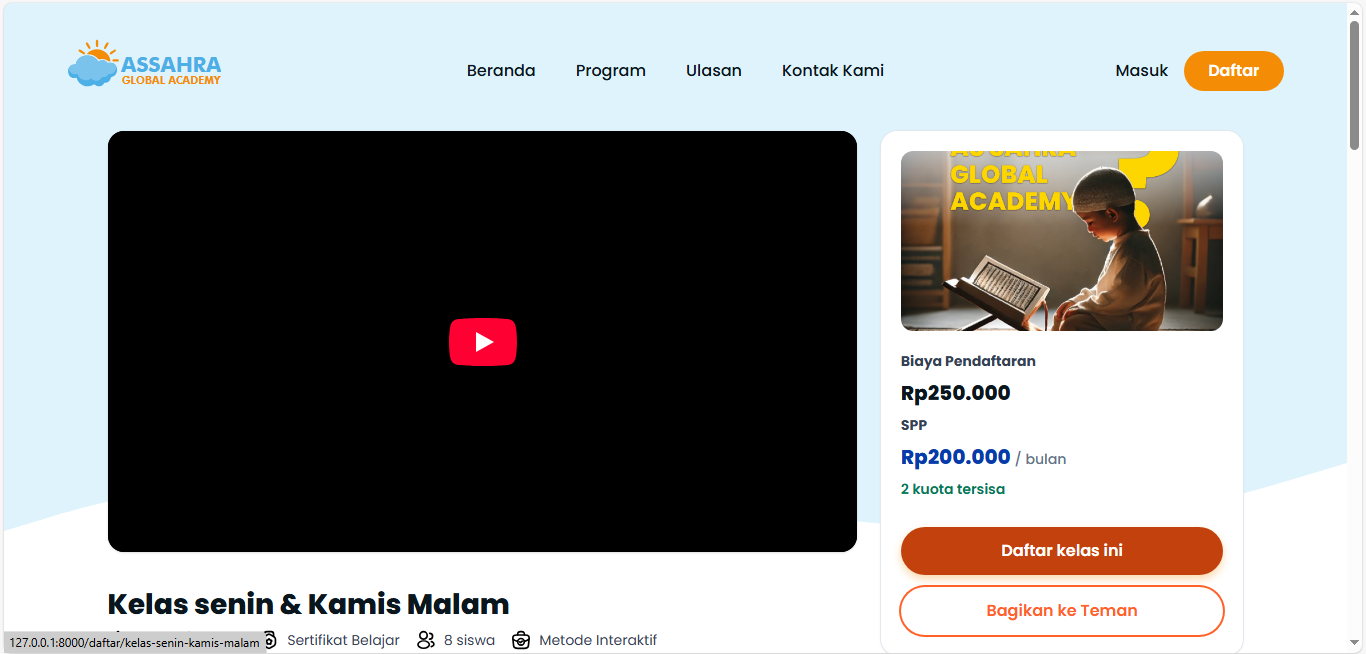 Halaman detail kelas di Assahra Global Academy