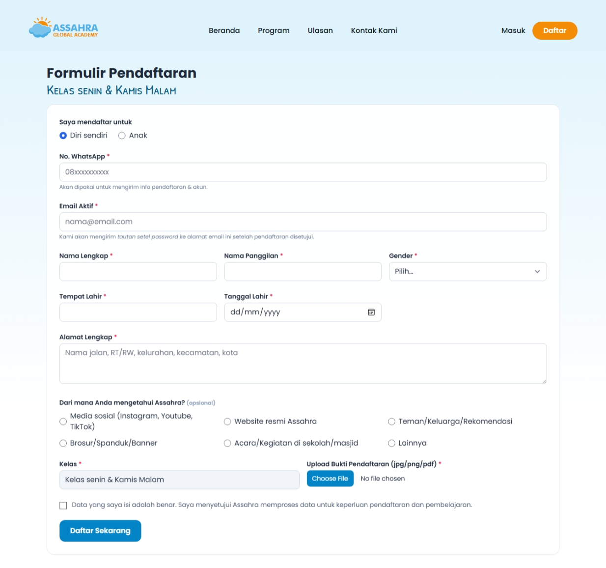 Formulir pendaftaran kelas di Assahra Global Academy